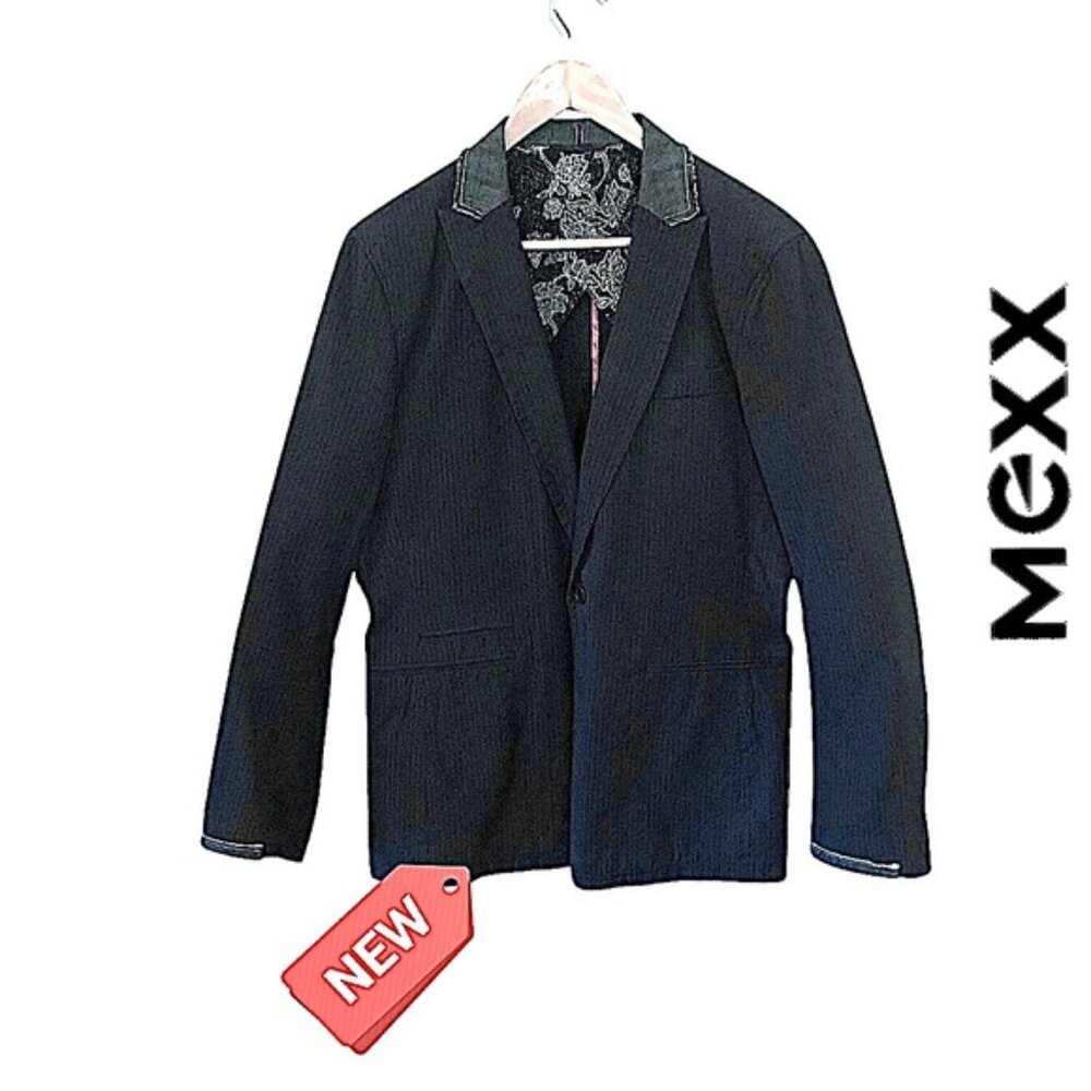 Mexx Pinstripe Denim Blazer Embellished Frayed Collar Zip Cuffs‎